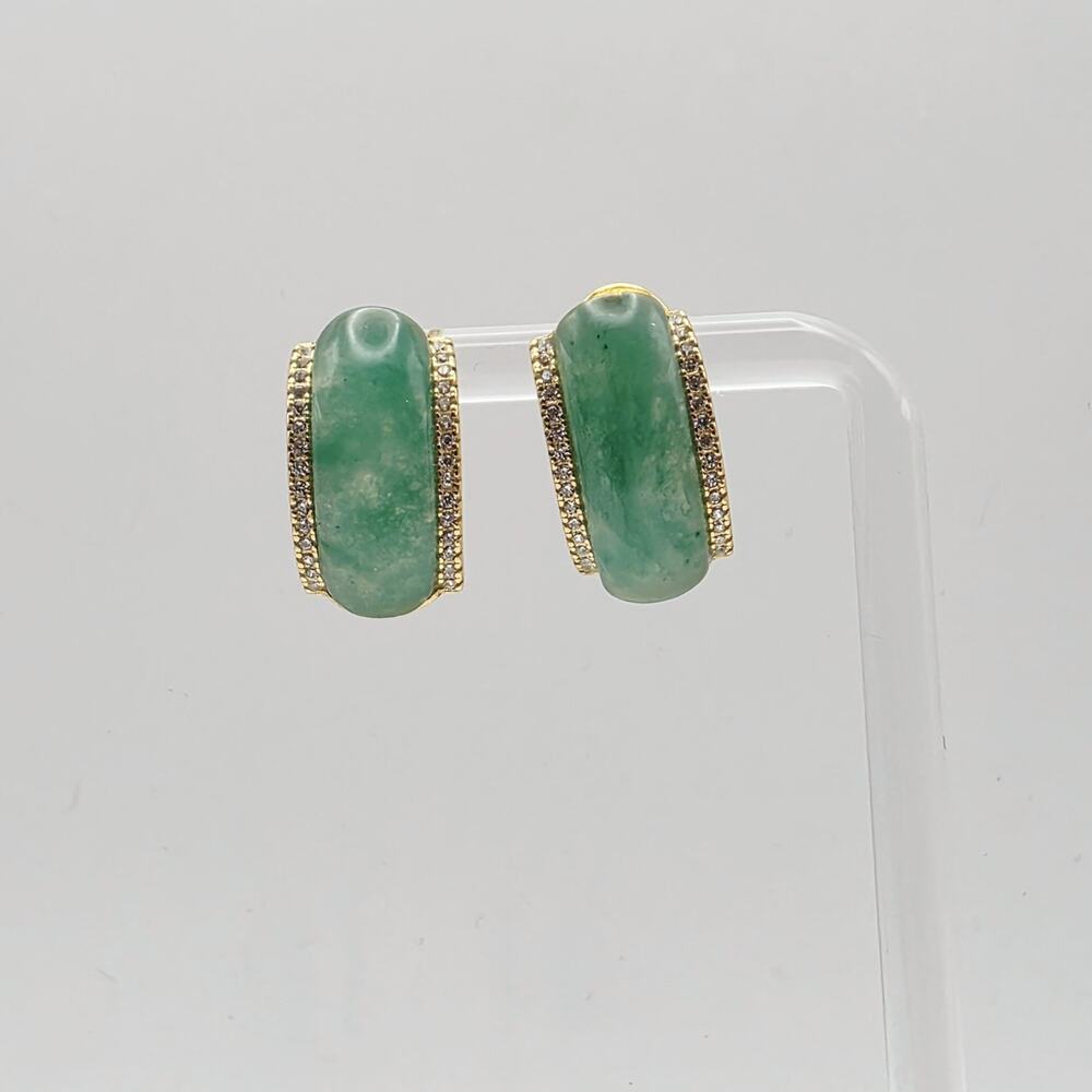 Vermeil Gold Over 925 Sterling Silver Jade Jadeite CZ Half Hoop Earrings